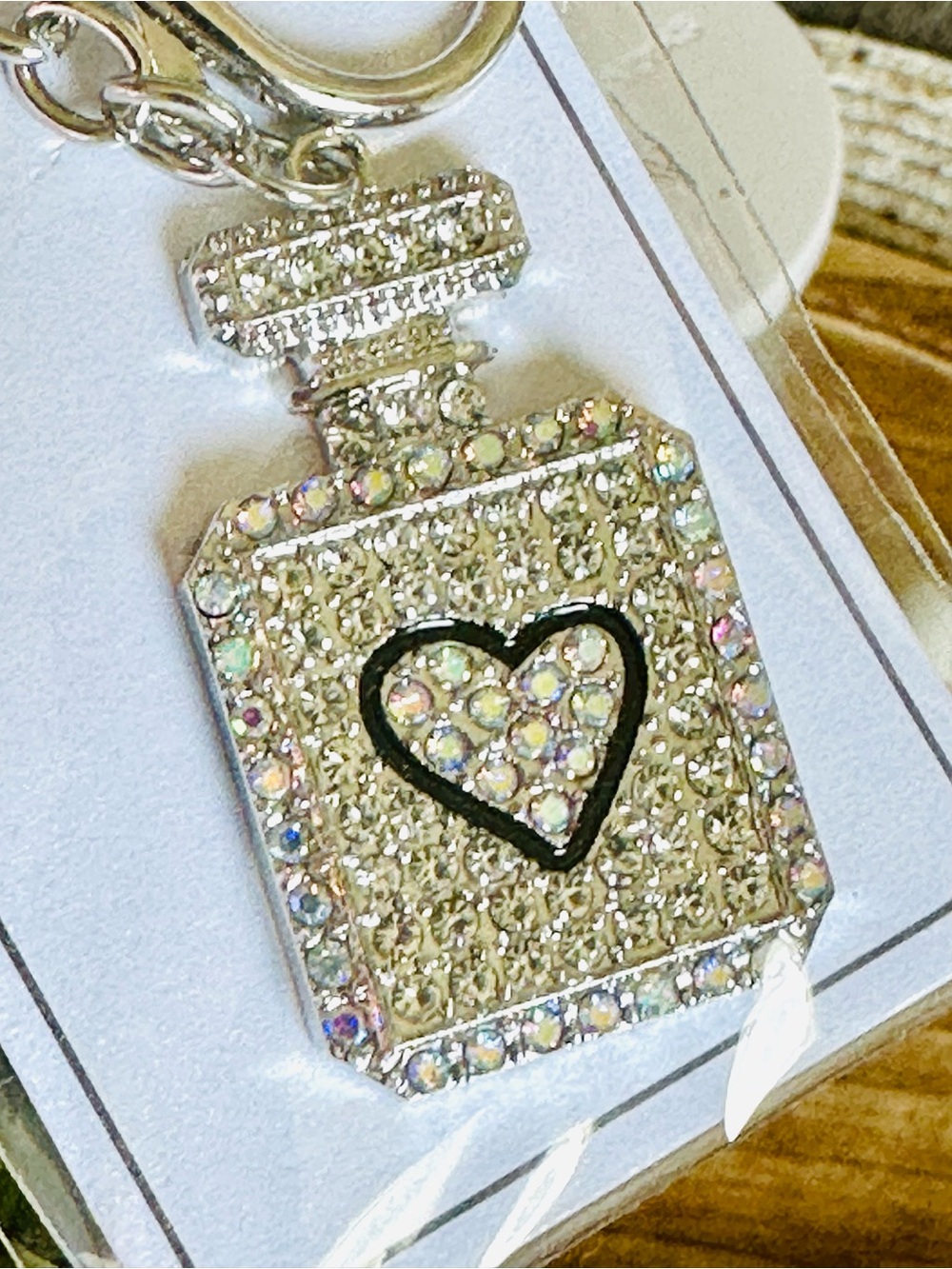 NWT Silver Crystal Bag Charm Keychain Perfume Bottle w/ Black Enameled Heart
